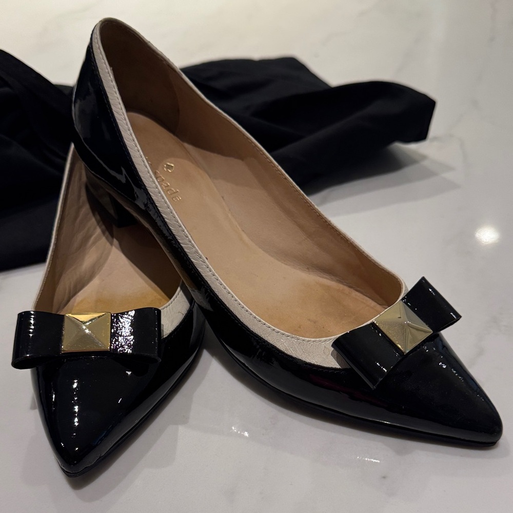 kate spade Black Patent Pointed Toe Bow Flats with Gold Accent